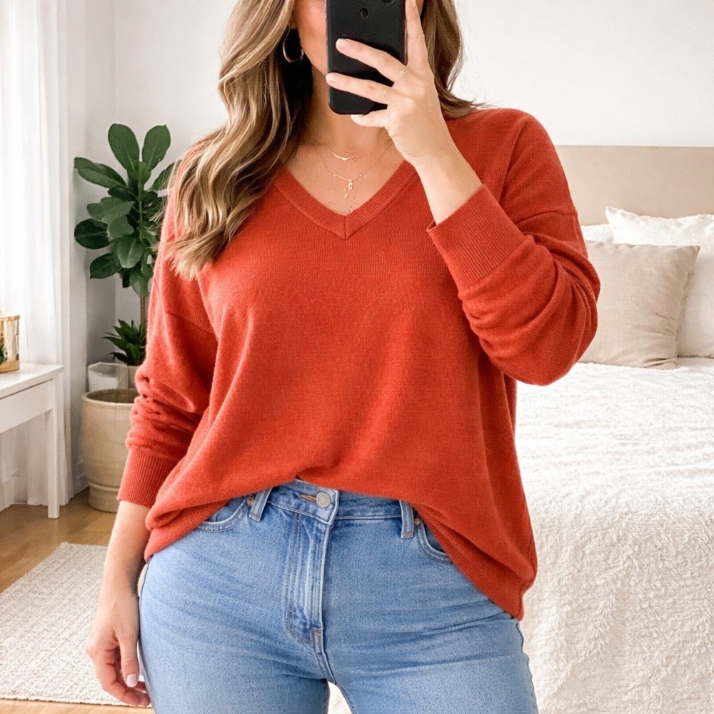 Chaser‎ Womens Rust V-Neck Relaxed Sweatshirt Pullover Top Large